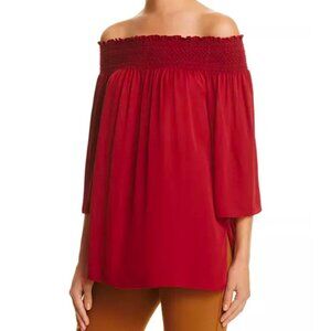 Theory Womens Off-Shoulder Smocked Blouse M 100% Silk Burgundy